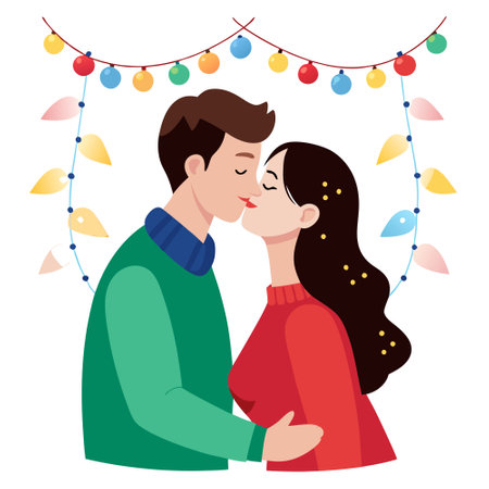 Young couple kissing under bright Christmas lights on New Year's Eve. . AI generated. Vector iconのイラスト素材