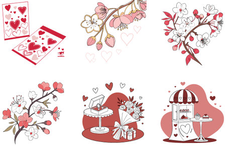 Red Heart Valentine Bundle Collection Illustrations. AI generated Image Set. Clipart cartoon design iconsのイラスト素材