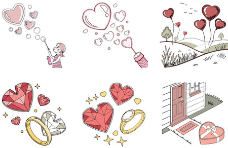 Romantic Valentine Bundle - Vintage Floral Collection Illustrations. AI generated Image Set. Clipart cartoon deisgn iconsのイラスト素材