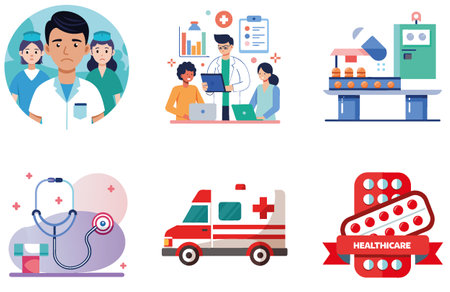Hospital Bed Bundle: Medicine and Recovery Room Collection Stickers. AI generated Image Set. Clipart cartoon deisgn iconsのイラスト素材