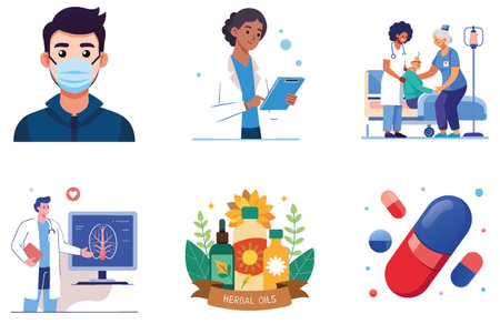 Young. Smiling Physiotherapist Offers Medicine Bundle. Plan Collection Stickers. AI generated Image Set. Clipart cartoon deisgn iconsのイラスト素材