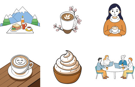 Stylish young woman enjoying a coffee bundle. modern lifestyle collection. Icons. AI generated Image Set. Clipart cartoon design iconsのイラスト素材