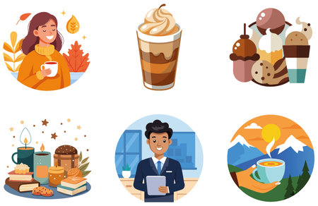 Warm. Buttery. Flaky Croissant Bundle. A Delicious Coffee Collection Stickers. AI generated Image Set. Clipart cartoon design iconsのイラスト素材