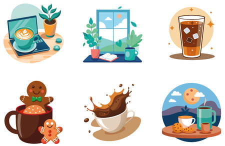 CoffeeShop Collaboration. Bundle of Ideas. Productivity Collection Stickers. AI generated Image Set. Clipart cartoon design iconsのイラスト素材