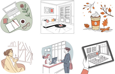 Cozy Coffee Shop. Work Bundle. Productive Collection Illustrations. AI generated Image Set. Clipart...