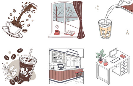 Cozy Cafe. Pastel Interior. Minimalist Bundle Coffee Collection Illustrations. AI generated Image Set. Clipart cartoon design iconsのイラスト素材