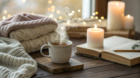 Cozy home decor with vintage bokeh including a sweater tea cotton book and candle. AI generated...