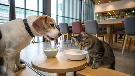 portrait image of funny pet animal doggy kitty licking fresh milk in modern cafe. AI generated photo. 4K. HD Image Backgroundの写真素材