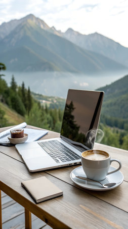 Workspace with laptop and coffee on wooden table with nature mountain background.. AI generated photo. 4K. HD Image Backgroundの写真素材