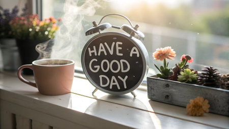 Alarm clock closeup have a good day with a cup of coffee and flower pots background. AI generated photo. 4K. HD Image Backgroundの写真素材