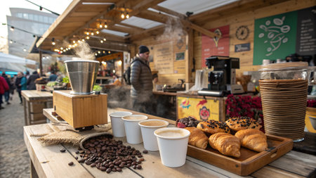 Early Morning Coffee Setup at a Farmers Market Serving Fresh Brews for Early Risers. AI generated...