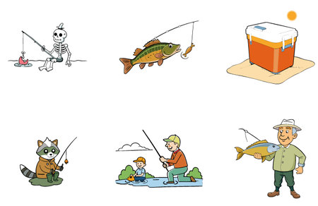 Summer Fishing Bundle. Relaxing Lake View Collection Icons. AI generated Image Set. Clipart cartoon design iconsのイラスト素材