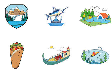 Golden Sunrise Fishing Bundle. A Delicious Seafood Collection Icons. AI generated Image Set. Clipart cartoon design iconsのイラスト素材