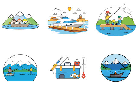 Dramatic Ocean Fishing Bundle. Picturesque Sunrise Collection Icons. AI generated Image Set. Clipart cartoon design iconsのイラスト素材