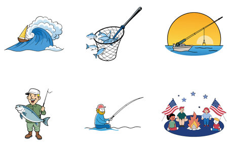 Summer Adventure Bundle. Fishing Gear & Water Equipment Collection Icons. AI generated Image Set. Clipart cartoon design iconsのイラスト素材