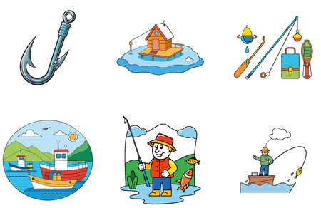 Moody Night Sky Bundle. Fishing Adventure Collection Icons. AI generated Image Set. Clipart cartoon design iconsのイラスト素材