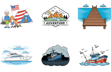 Scenic Lake Fishing Bundle. A Peaceful Collection Icons. AI generated Image Set. Clipart cartoon design iconsのイラスト素材