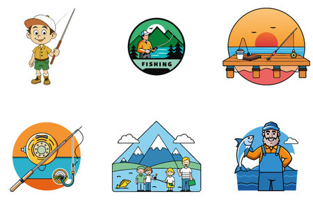 Summer Freshwater Fishing Bundle. A Vibrant Wildlife Collection Icons. AI generated Image Set. Clipart cartoon design iconsのイラスト素材