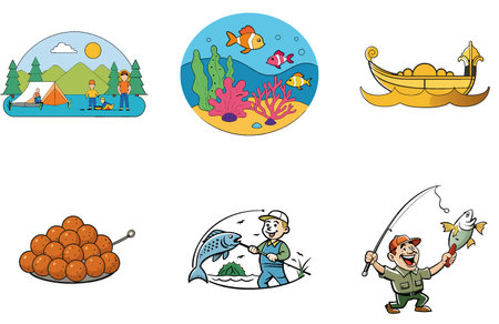 Dramatic ocean sunset Fishing Bundle. a scenic Collection Icons. AI generated Image Set. Clipart cartoon design iconsのイラスト素材