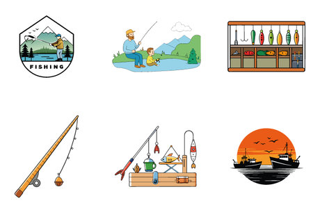 Tranquil Autumn Fishing Bundle. A Scenic Collection Icons. AI generated Image Set. Clipart cartoon design iconsのイラスト素材