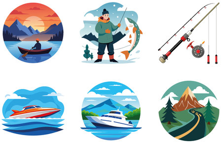 Gear. Rods. Reels. Bundle Fishing Tackle Collection Stickers. AI generated Image Set. Clipart cartoon design iconsのイラスト素材