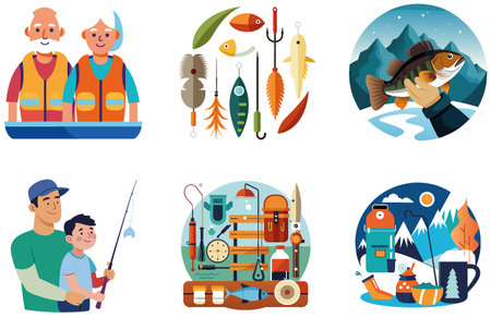Fishing Boat Illustration Bundle Collection Stickers. AI generated Image Set. Clipart cartoon design...