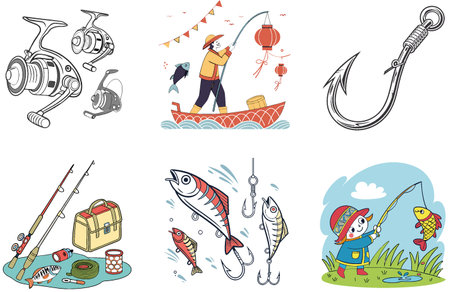 Golden Sunrise Fishing Bundle. A Delicious Seafood Collection Illustrations. AI generated Image Set. Clipart cartoon design iconsのイラスト素材