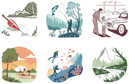 Tranquil Ocean Bundle. Sailing Beach Birds Fishing Collection Illustrations. AI generated Image Set. Clipart cartoon design iconsのイラスト素材