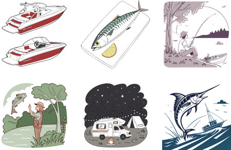 Peaceful morning fishing. Bundle your rods. serene lake fishing Collection Illustrations. AI generated Image Set. Clipart cartoon design iconsのイラスト素材