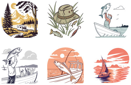 Gentle ripples. calm water. Bundle. Fishing. Collection Illustrations. AI generated Image Set. Clipart cartoon design iconsのイラスト素材