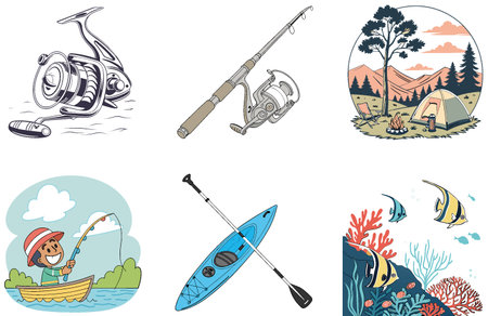 Luxury Yacht Bundle. Ocean View Fishing Collection Illustrations. AI generated Image Set. Clipart cartoon design iconsのイラスト素材