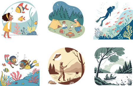 Tranquil Bay Fishing Bundle. A Picturesque Collection Illustrations. AI generated Image Set. Clipart...