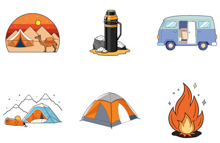 Camping Celebration. A Bundle of Spectacular and Festive Collection Icons. AI generated Image Set. Clipart cartoon design iconsのイラスト素材