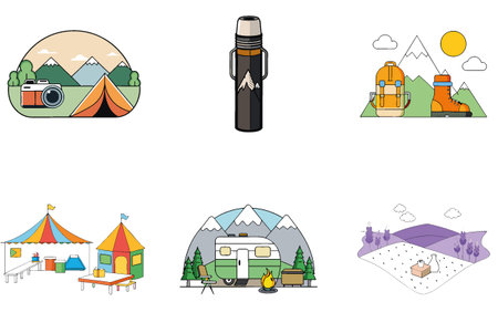 Camping Bundle. Scenic Forest Camping Area Collection Icons. AI generated Image Set. Clipart cartoon design iconsのイラスト素材