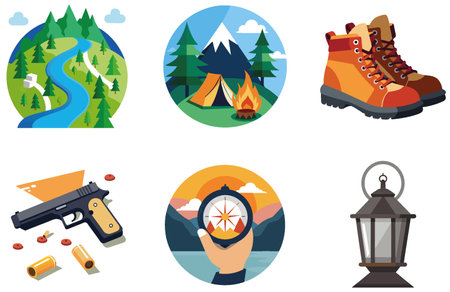 Camping Bundle. Happy Family Forest Adventure Collection Stickers. AI generated Image Set. Clipart cartoon design iconsのイラスト素材