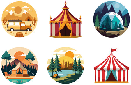 Camping Bundle. Aurora Borealis Bonfire Collection Stickers. AI generated Image Set. Clipart cartoon design iconsのイラスト素材