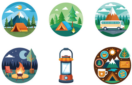 Camping Bundle. Wooden Table Forest Adventure Collection Stickers. AI generated Image Set. Clipart cartoon design iconsのイラスト素材