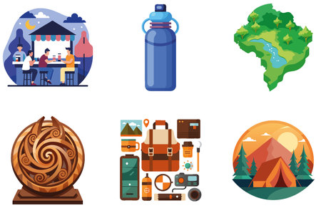 Camping Kindness. A Bundle of Generosity and Community Collection Stickers. AI generated Image Set. Clipart cartoon design iconsのイラスト素材