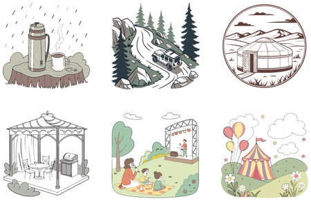 Camping Kindness. A Bundle of Generosity and Community Collection Illustrations. AI generated Image Set. Clipart cartoon design iconsのイラスト素材