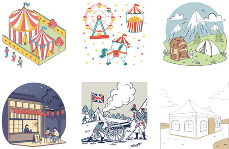 Camping Escape. A Bundle of Serene and Dawn Collection Illustrations. AI generated Image Set. Clipart cartoon design iconsのイラスト素材