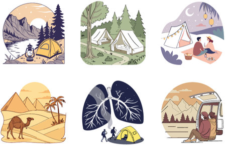 Camping Show. A Bundle of Bright and Glamorous Collection Illustrations. AI generated Image Set....