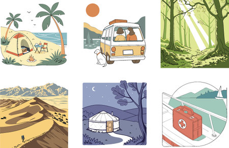 Camping Escape. A Bundle of Serene and Scenic Collection Illustrations. AI generated Image Set. Clipart cartoon design iconsのイラスト素材