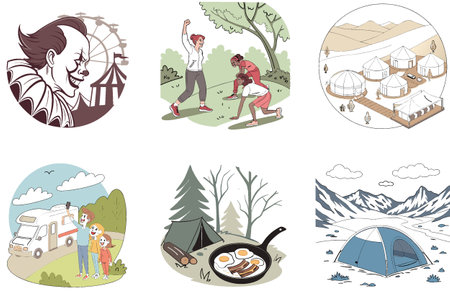 Camping Event. A Bundle of Spacious and Scenic Collection Illustrations. AI generated Image Set. Clipart cartoon design iconsのイラスト素材