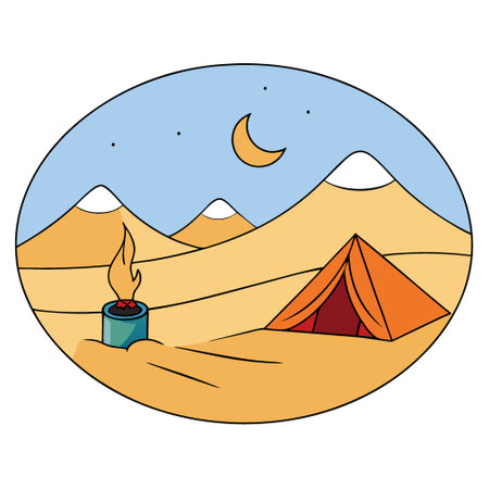 Camping in the desert with a campfire and tents surrounded by dunes. AI generated. Vector iconのイラスト素材