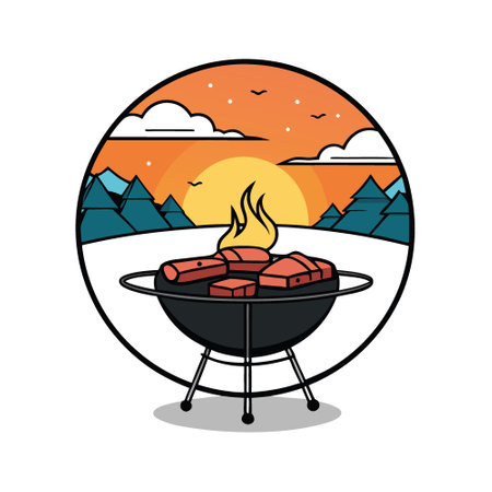 Winter Sunset BBQ. Delicious Steaks Cooking Over an Open Flame. AI generated. Vector iconのイラスト素材