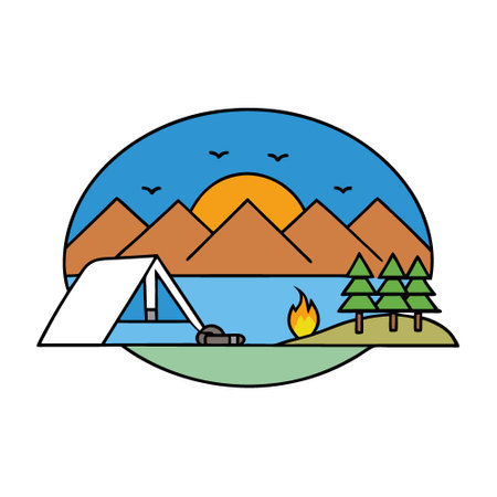 Serene lakeside camping site at sunset with tent and campfire.. AI generated. Vector iconのイラスト素材