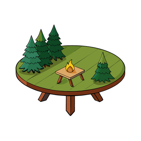 An 3d render of wooden table top with forest camping background. AI generated. Vector iconのイラスト素材