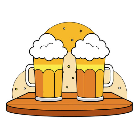 Two glasses of beer on a wooden table. large crowd at Oktoberfest. AI generated. Vector iconのイラスト素材