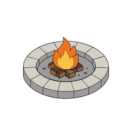 Campfire in circular stone fire pit top view transparent background. AI generated. Vector iconのイラスト素材