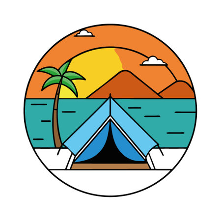 Luxurious tent overlooking sunset on tropical beach with ocean view. AI generated. Vector iconのイラスト素材